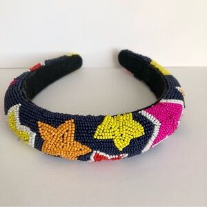 Colorful Seed Beaded Headband Navy blue with stars orange pink yellow red